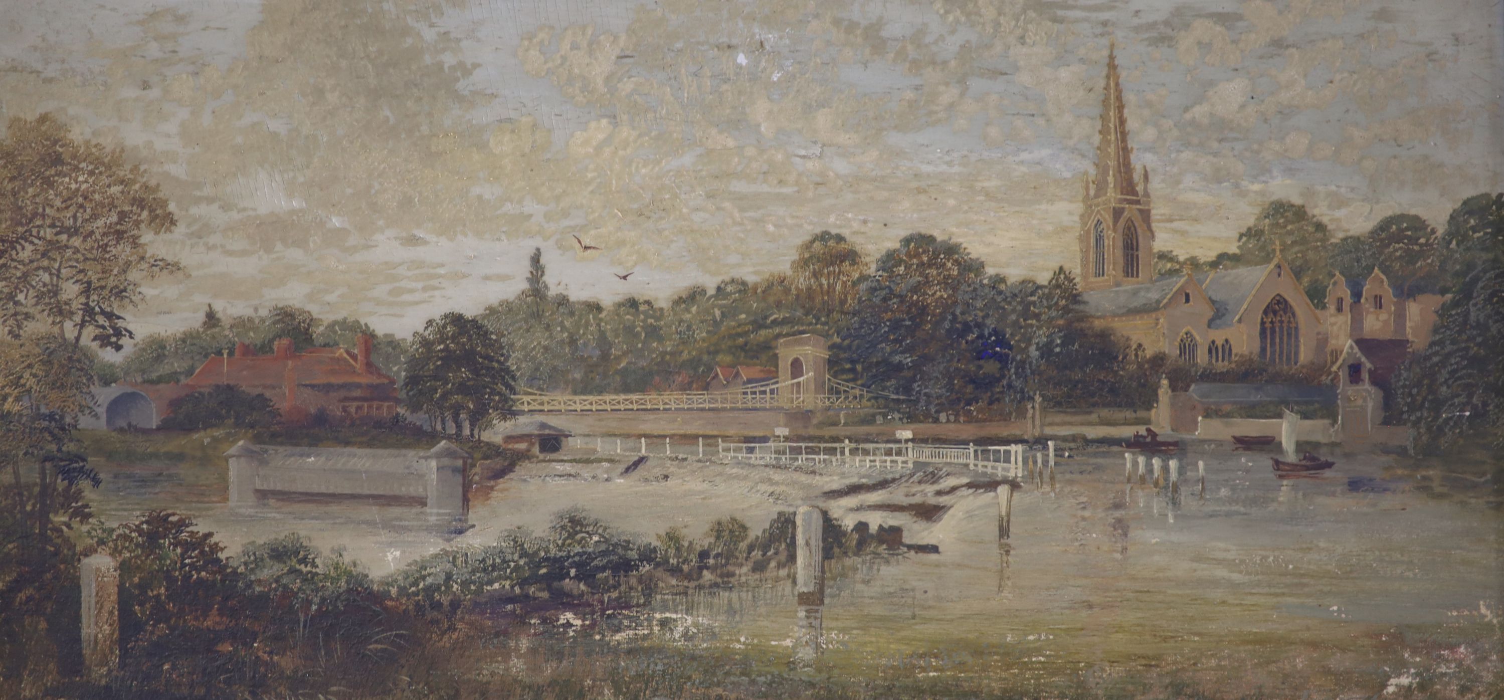 English School c.1900, oil on canvas, Bridge and weir over The Thames, 23 x 47cm